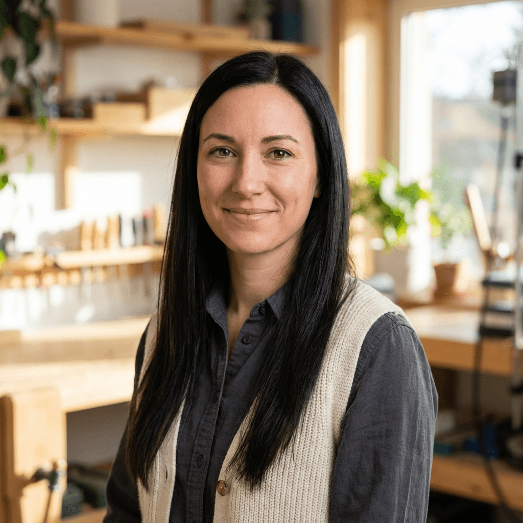 Female customer in her 40s smiling in a garage setting
