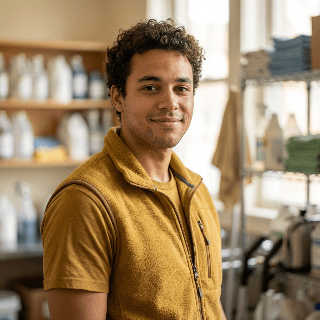 Male customer in his late 30s smiling near a car