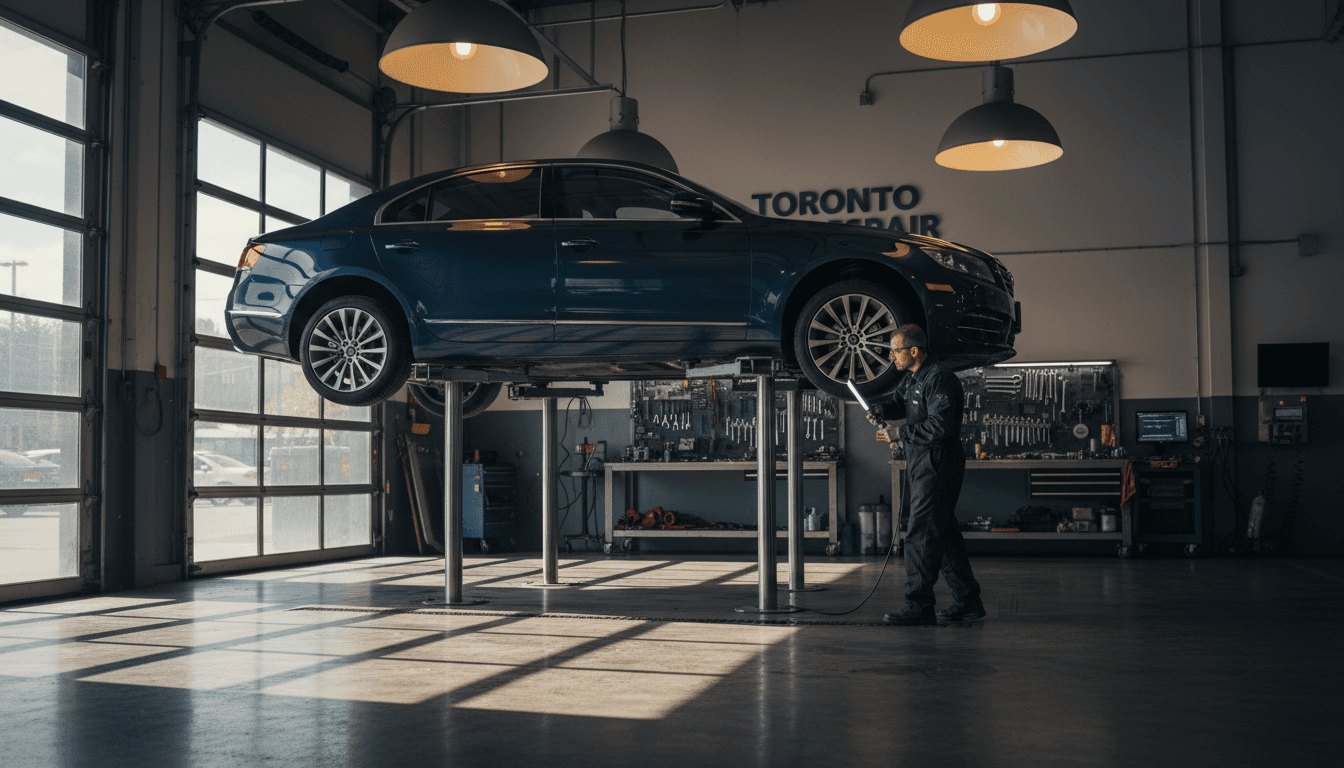 Technician inspecting a car on a lift at Dias Auto Care in Toronto