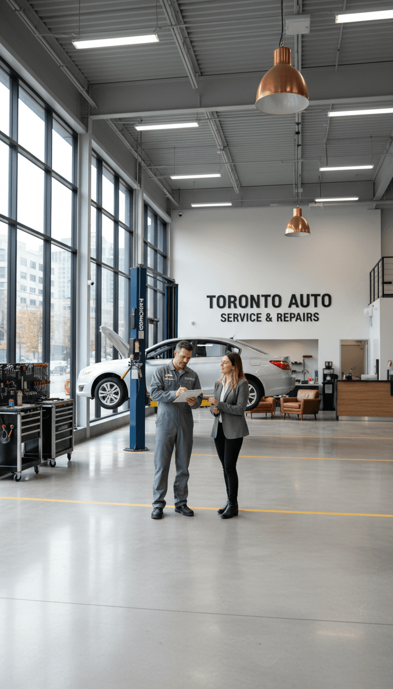 Mechanic reviewing a maintenance checklist with a customer at Dias Auto Care in Toronto