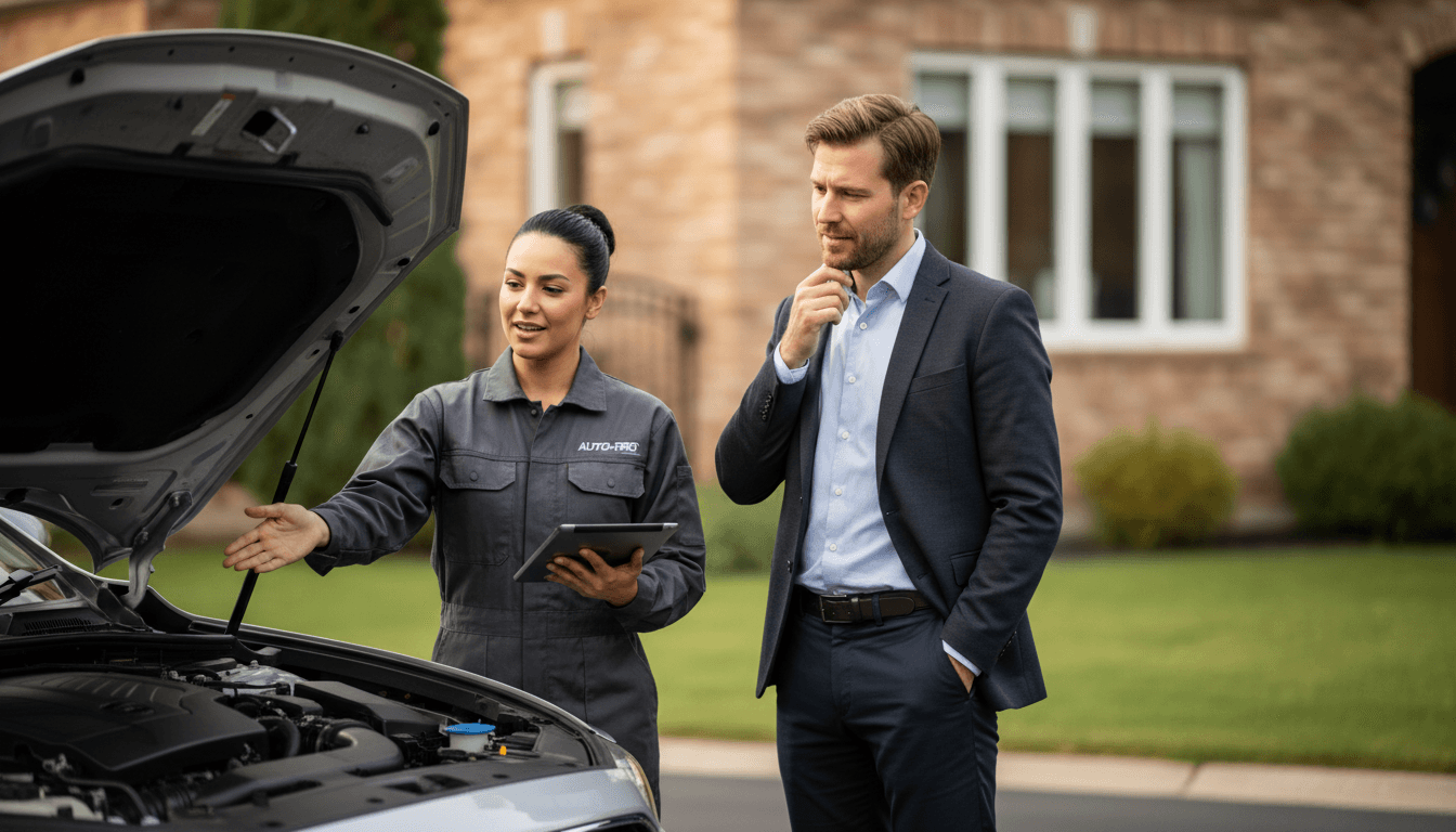 Mechanic answering a customer's question beside their car in the service bay