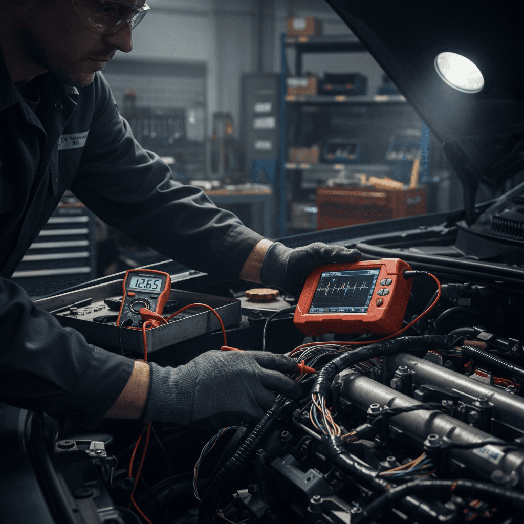 Mechanic using diagnostic tool on car engine under the hood in a clean shop