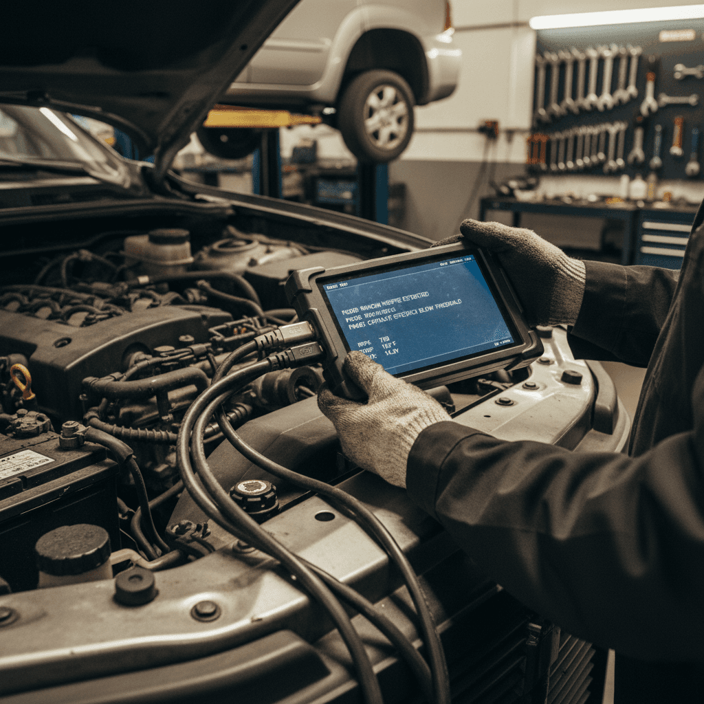 Mechanic explaining a repair estimate to a car owner at the service desk