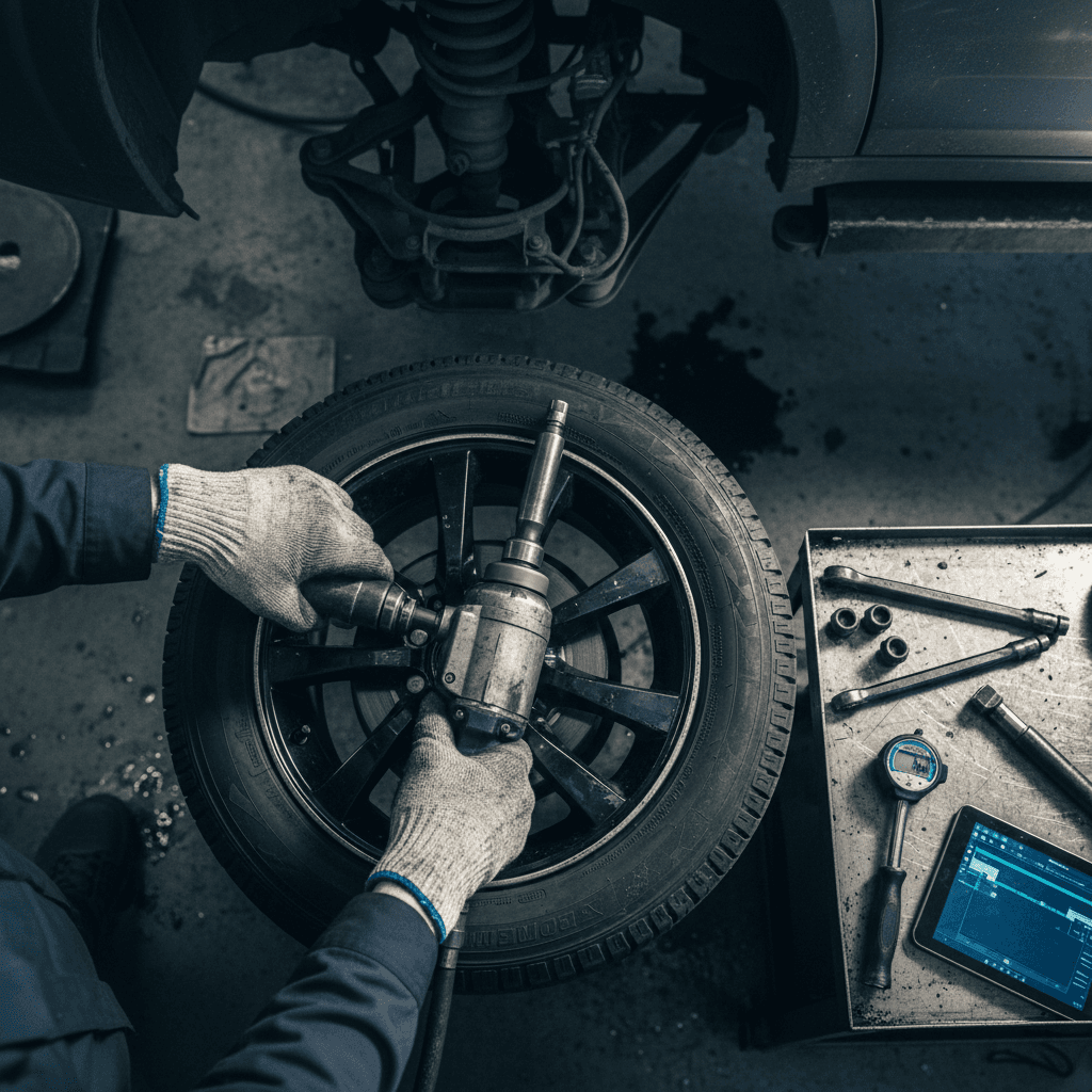 Mechanic torquing lug nuts on a car raised on a lift