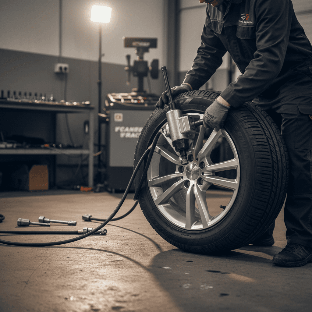 Gloved hands installing a tire on a vehicle wheel hub