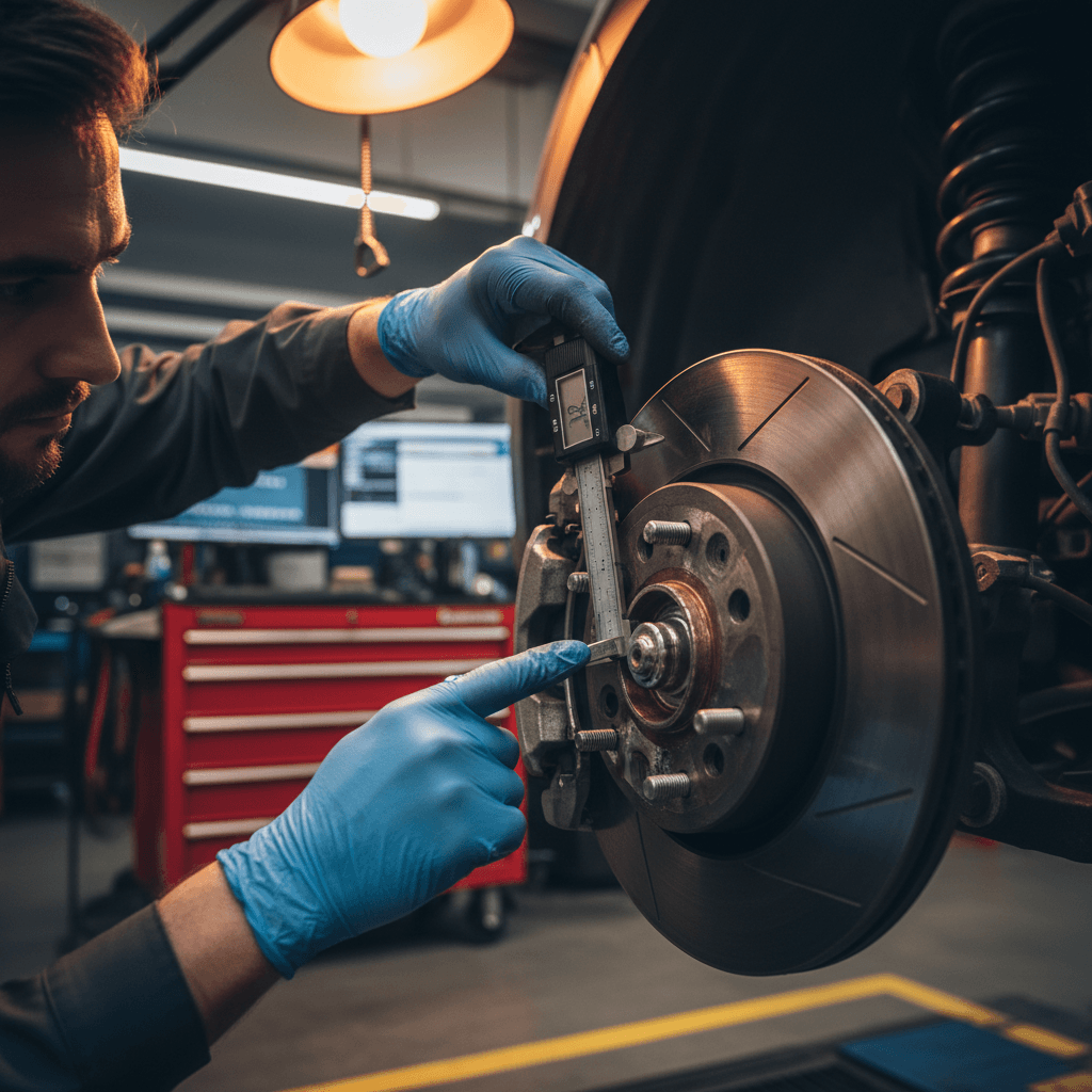 Technician showing worn brake rotor to a customer